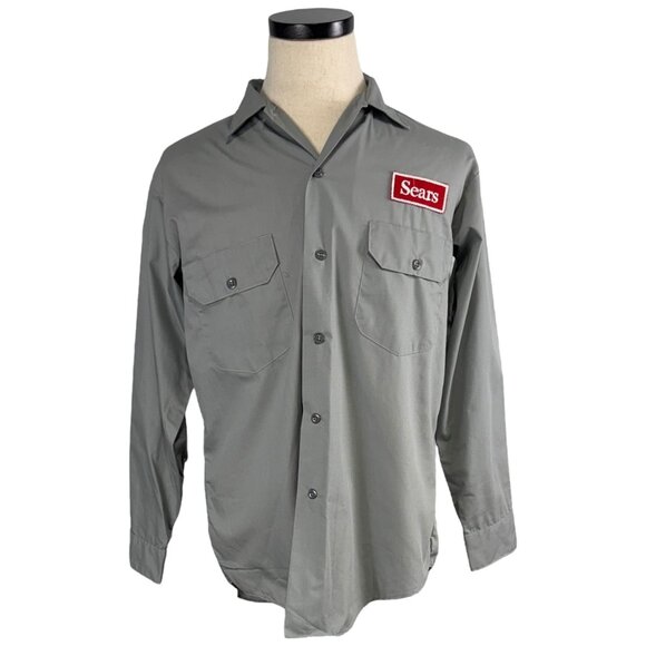 Vintage 60s Sears Permanent Press Gray Work Shirt M Long Sleeves Button-Down - Picture 1 of 9